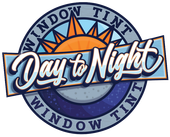 Logo for Day to Night Window Tint, featuring a stylized sun, a blue and purple background, and the business name in a handwritten-style font.