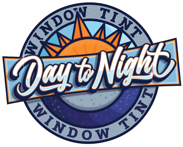 Logo for Day to Night Window Tint, featuring a stylized sun, a blue and purple background, and the business name in a handwritten-style font.