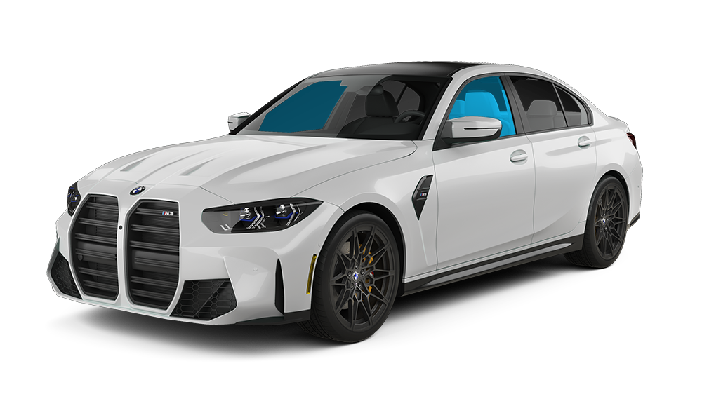 White BMW M3 sedan with black accents and tinted windows, angled slightly to the right.