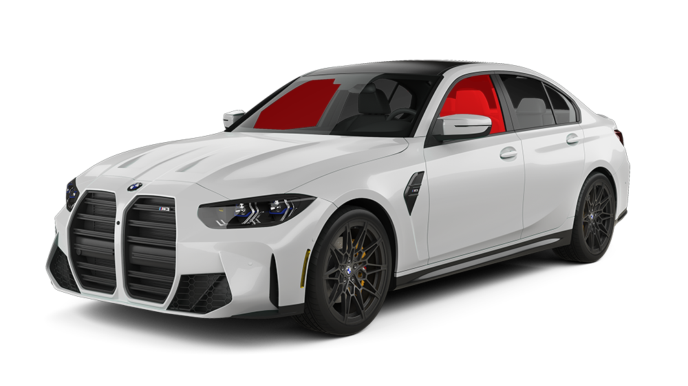 White BMW M3 sedan with black trim, shown from a front-quarter view. The front and side windows are highlighted in red.