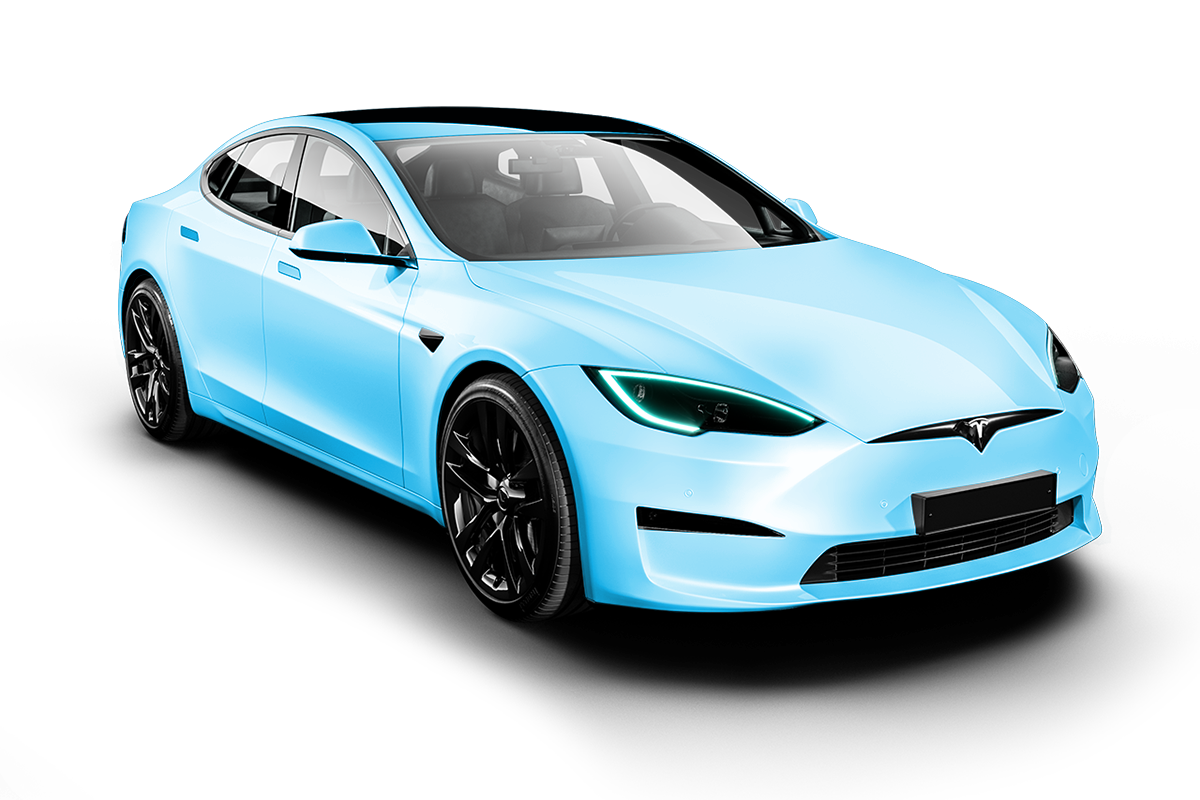 Light blue Tesla sedan with black wheels, on a white background.