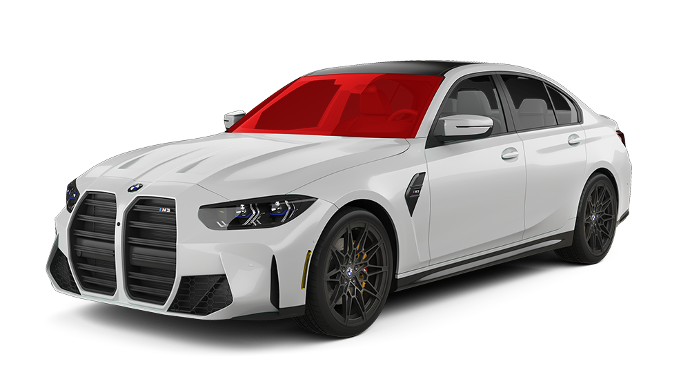 White BMW M3 sedan with red tinted windows.