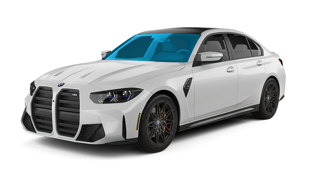 White BMW M3 sedan, highlighted windshield, black wheels and trim.