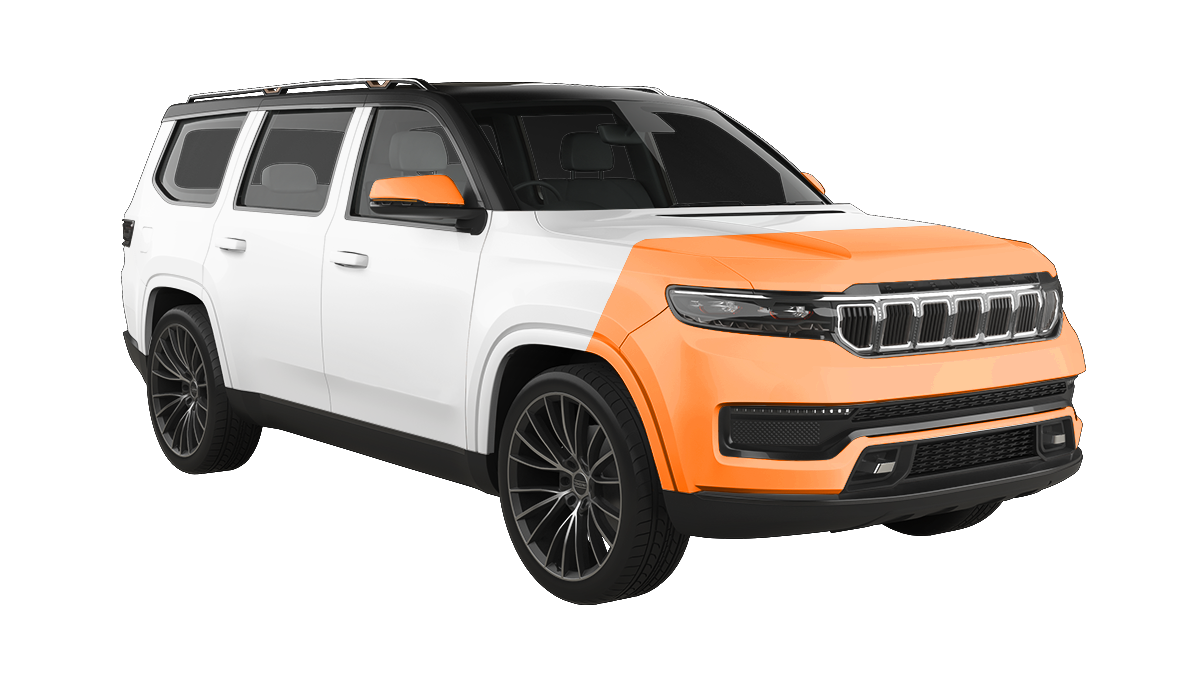 White and orange SUV with black wheels, parked with a white background.