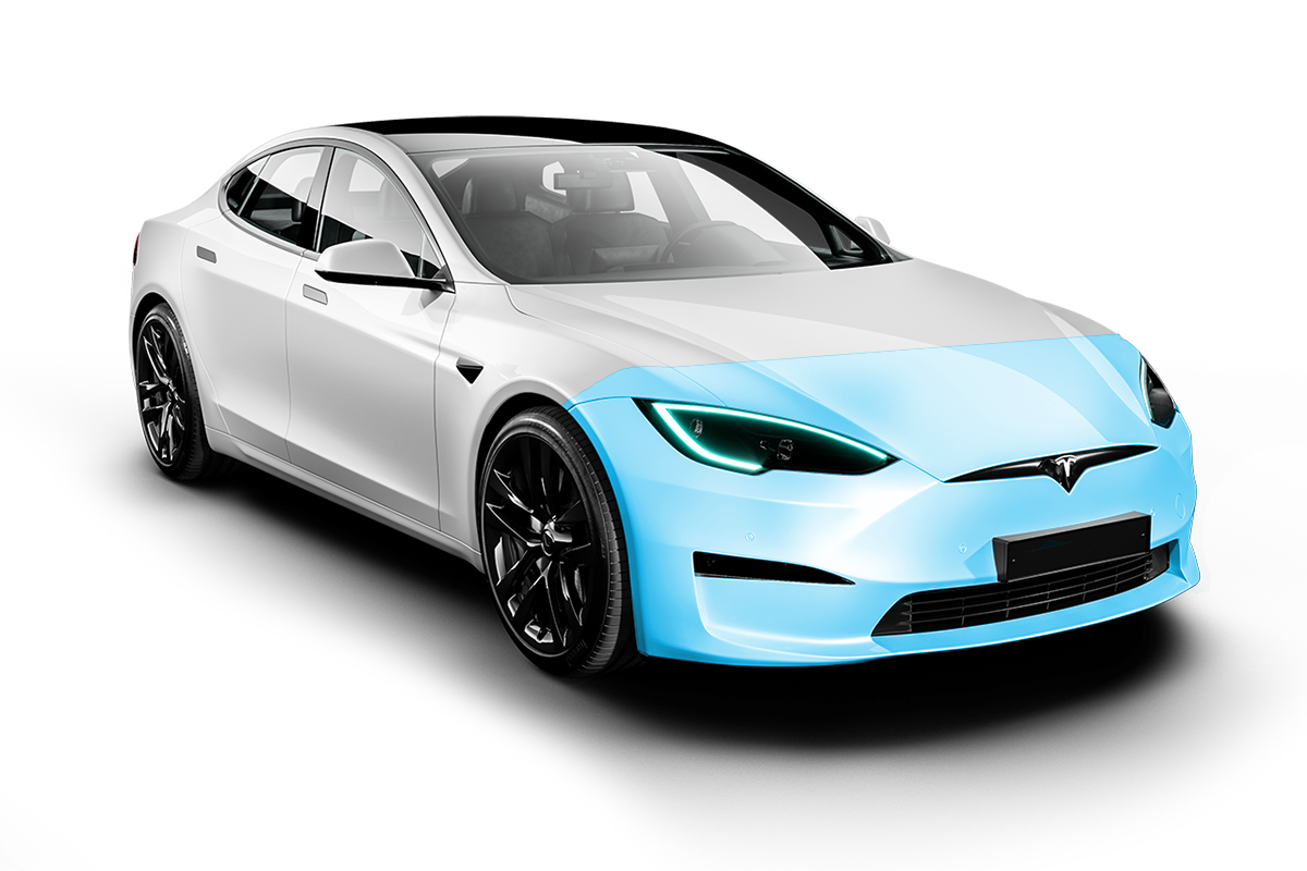 White Tesla car with blue highlighting on the front, possibly for paint protection. Black wheels and trim.