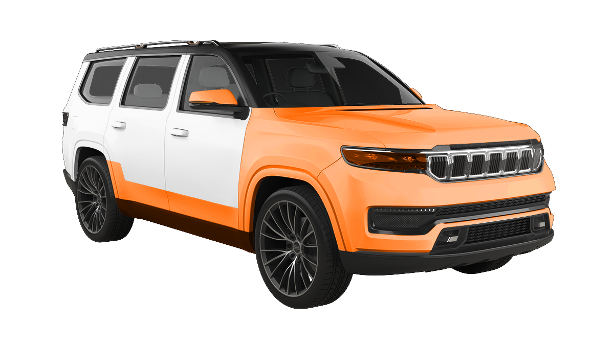A two-toned Jeep Wagoneer in white and orange with black wheels, against a white background.