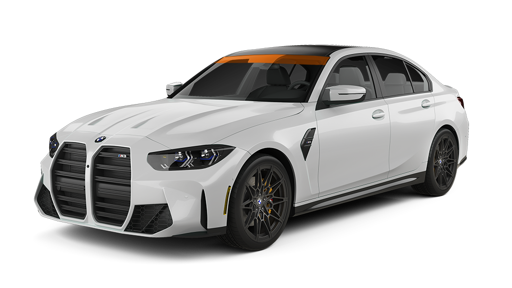 White BMW M3 sedan with a black grille and wheels; orange tint across the top of the windshield.