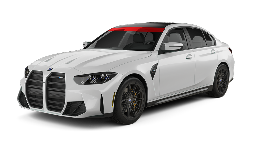 White BMW M3 sedan with black accents; red tint highlighted at top of windshield.