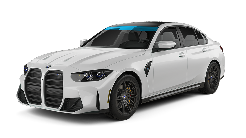 White BMW M3 sedan with black accents and tinted windshield.