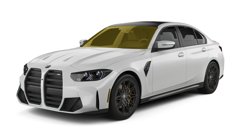 White BMW M3 sedan with black accents, parked on a white background.