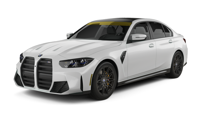 White BMW M3 sedan with black accents.