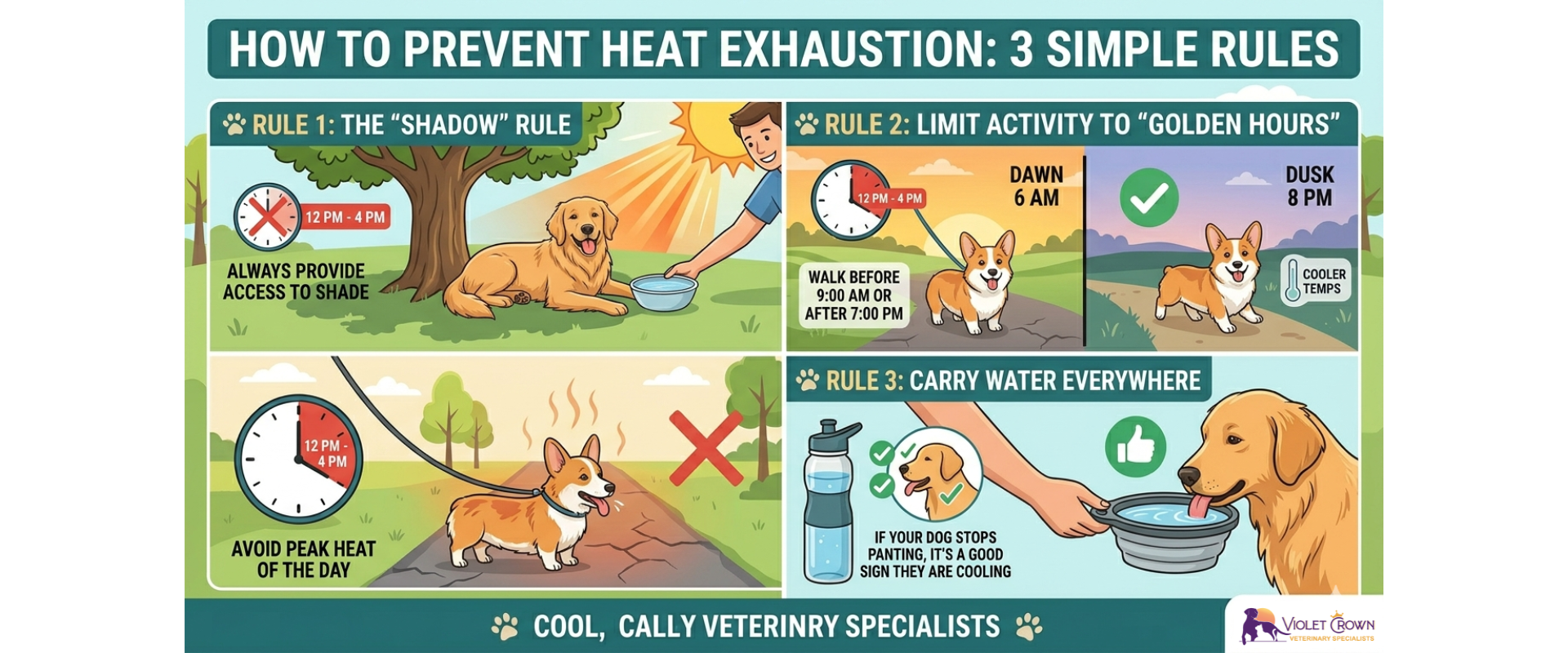 Infographic titled 'How to Prevent Heat Exhaustion' featuring 3 simple rules for dog owners: providing the 'Shadow' rule, walking during 'Golden Hours,' and carrying portable water. Educational safety guide provided by Violet Crown Veterinary Specialists.