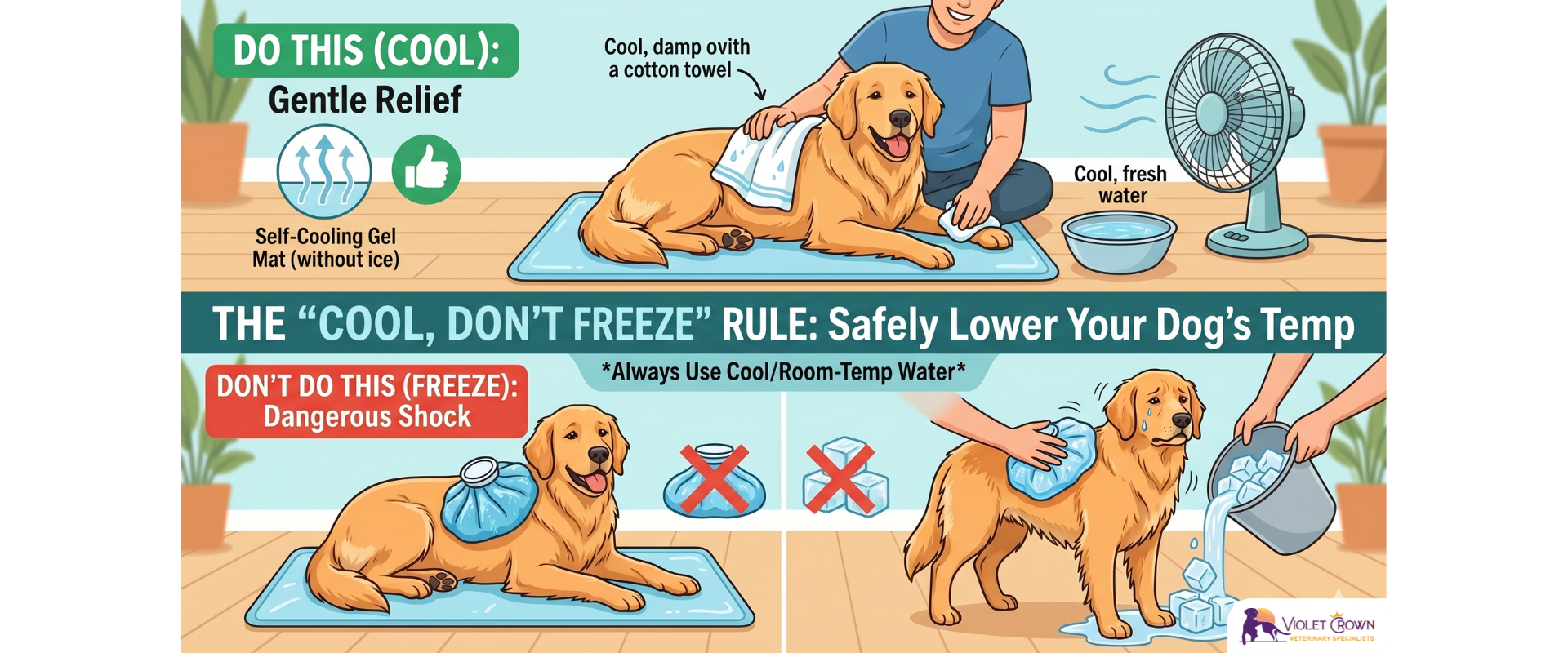 Infographic checklist of safe dog cooling methods: cooling mat, fresh water, cooling vest, and a thermometer. Large red 'X' over an ice bag with the 'Cool, Don't Freeze Rule' reminder.