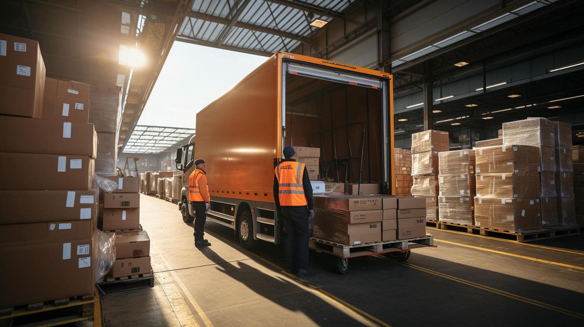 Workers loading a truck with boxes inside a warehouse, under bright sunlight.