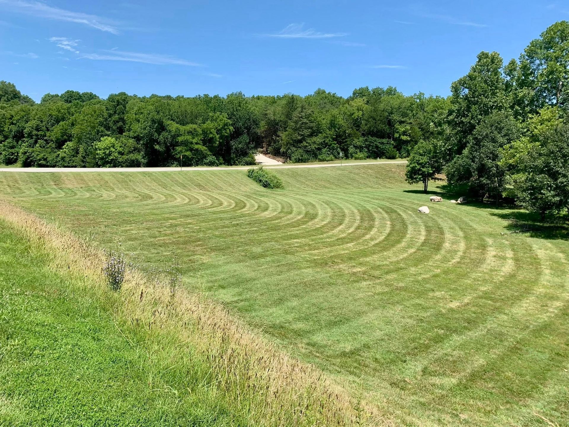 A large building with a lot of windows is surrounded by grass and trees.