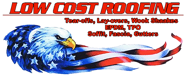 A logo for low cost roofing with an eagle and american flag