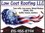 A logo for low cost roofing with an eagle and american flag