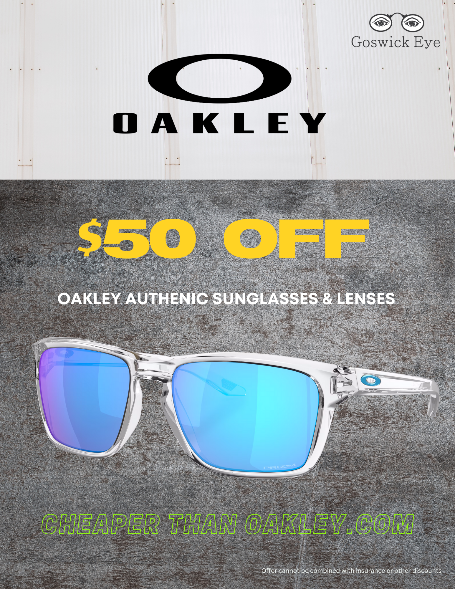 $50 off authentic Oakley sunglasses and lenses. Sunglasses with blue lenses on a textured gray background.