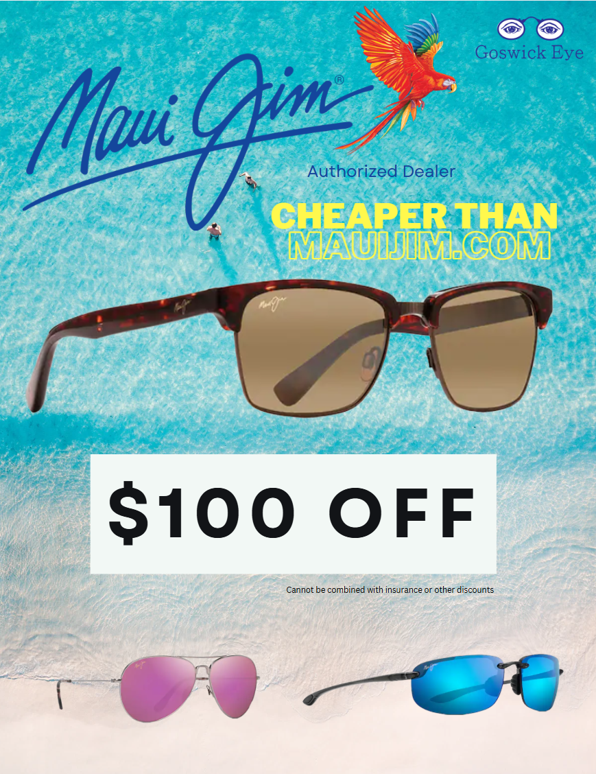 Brown framed sunglasses with $100 off and text 