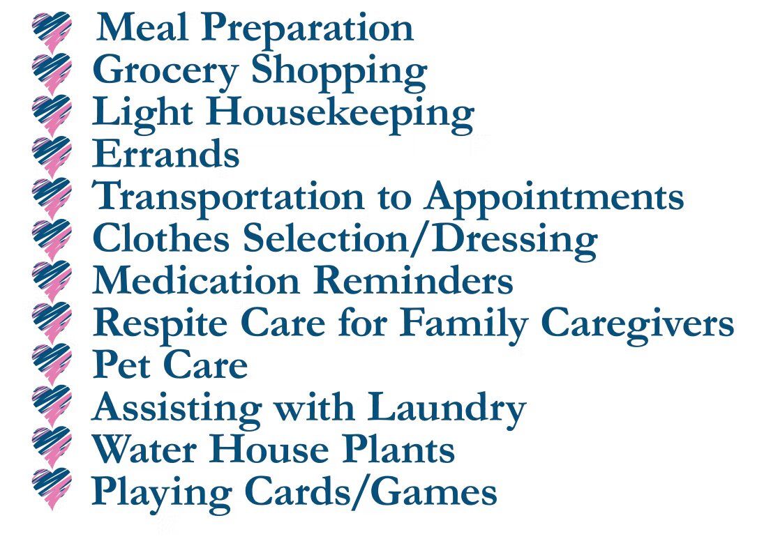 List of caregiving services, with heart icons, including meal prep, errands, medication reminders, and pet care. List of caregiving services, with heart icons, including meal prep, errands, medication reminders, and pet care.