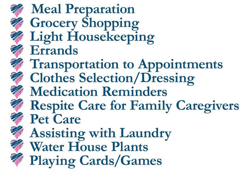 List of caregiving services, with heart icons, including meal prep, errands, medication reminders, and pet care.