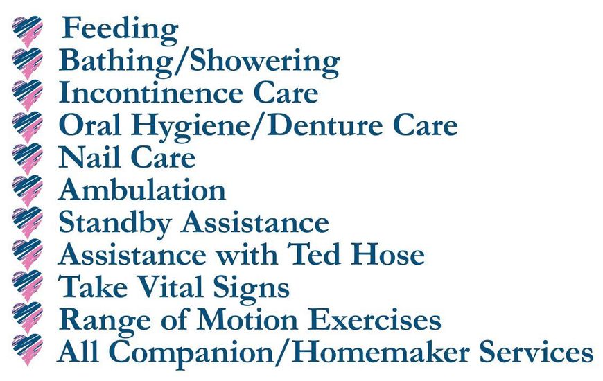 List of care services: feeding, bathing, incontinence care, oral hygiene, nail care, ambulation, and more.