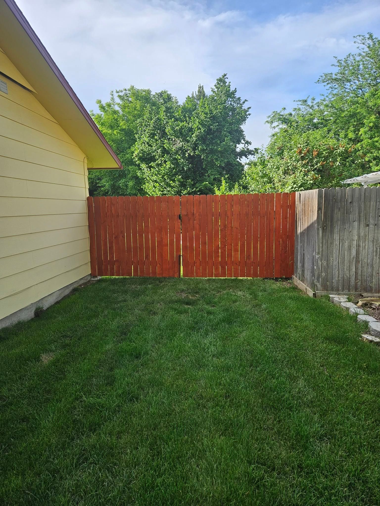 Backyard with green lawn, red wooden fence, and beige house wall under bright sky
