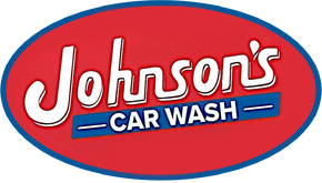 the logo for johnson 's car wash is red and blue