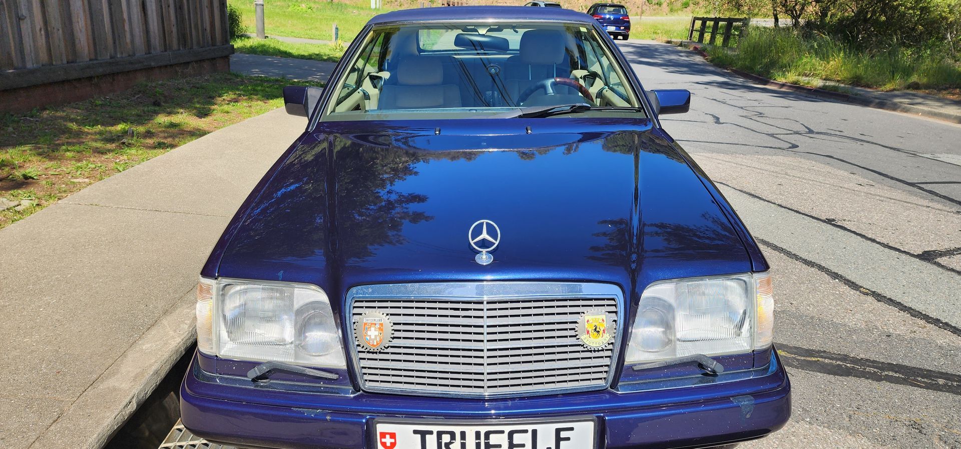 Blue Mercedes sedan parked on a sunny street, front view.