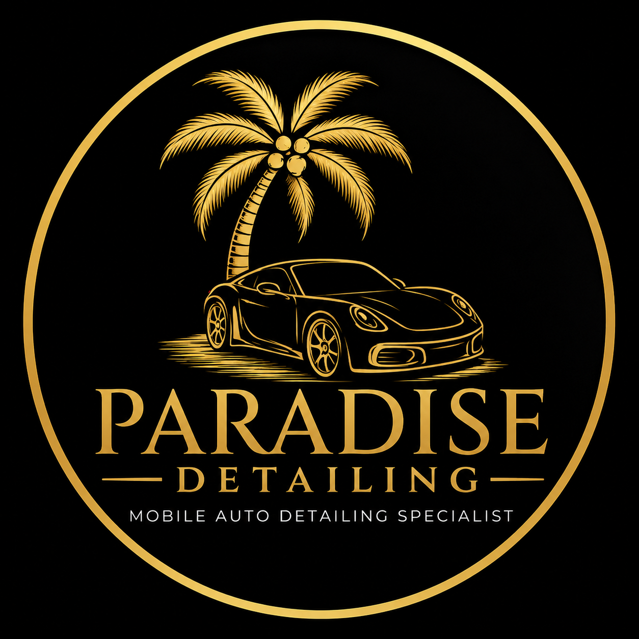 Gold palm tree and luxury car logo with the text “PARADISE DETAILING” on a black background