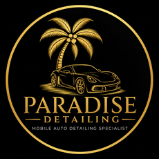 Gold palm tree and luxury car logo with the text “PARADISE DETAILING” on a black background