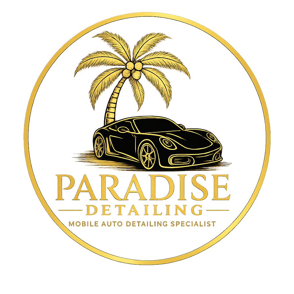 Gold palm tree and sports car logo with the text &ldquo;Paradise Detailing&rdquo;