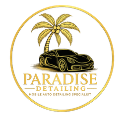 Gold palm tree and sports car logo with the text &ldquo;Paradise Detailing&rdquo;