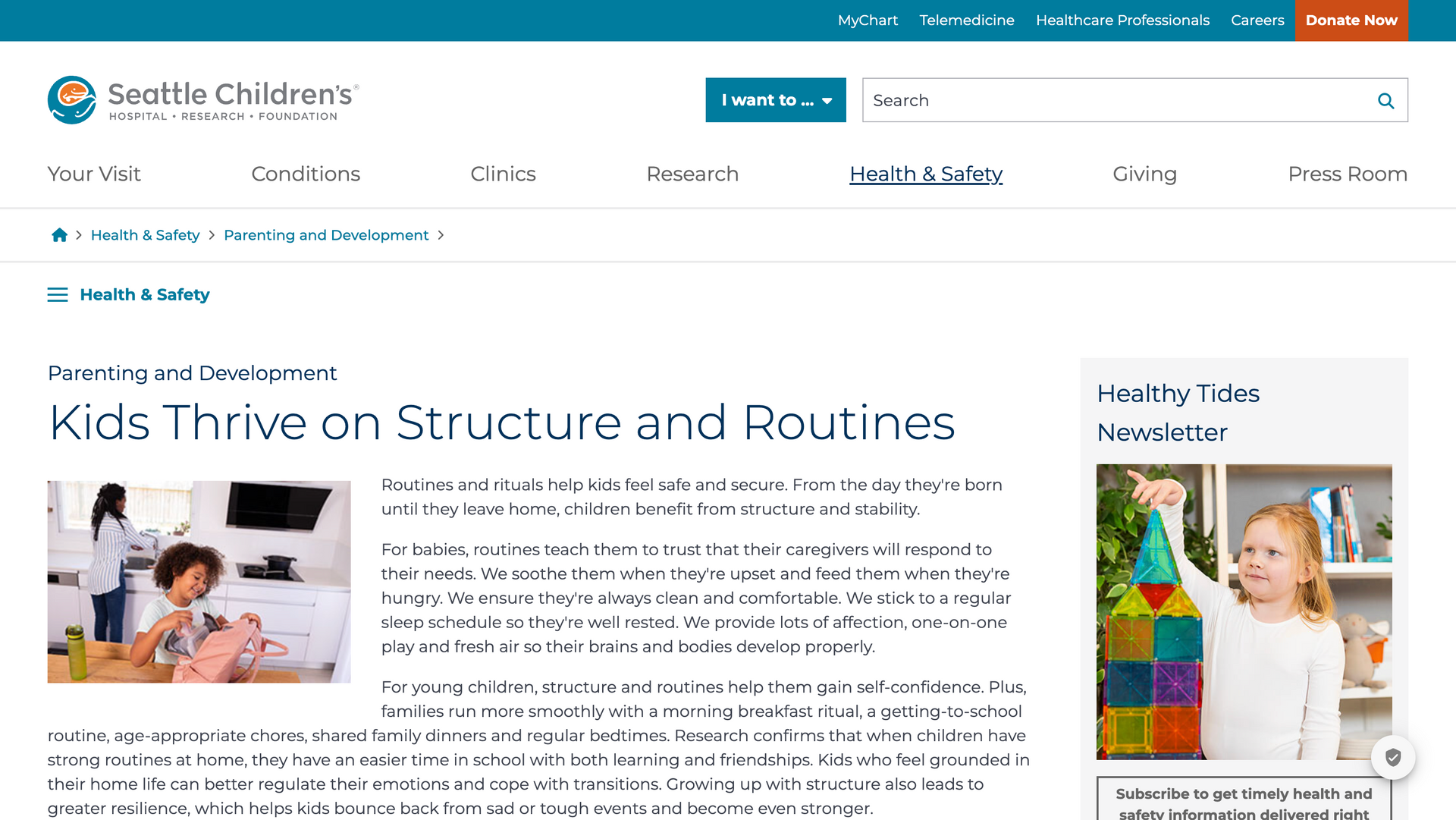Seattle Children's website: Article about kids and routines, featuring a child in a kitchen with a backpack.
