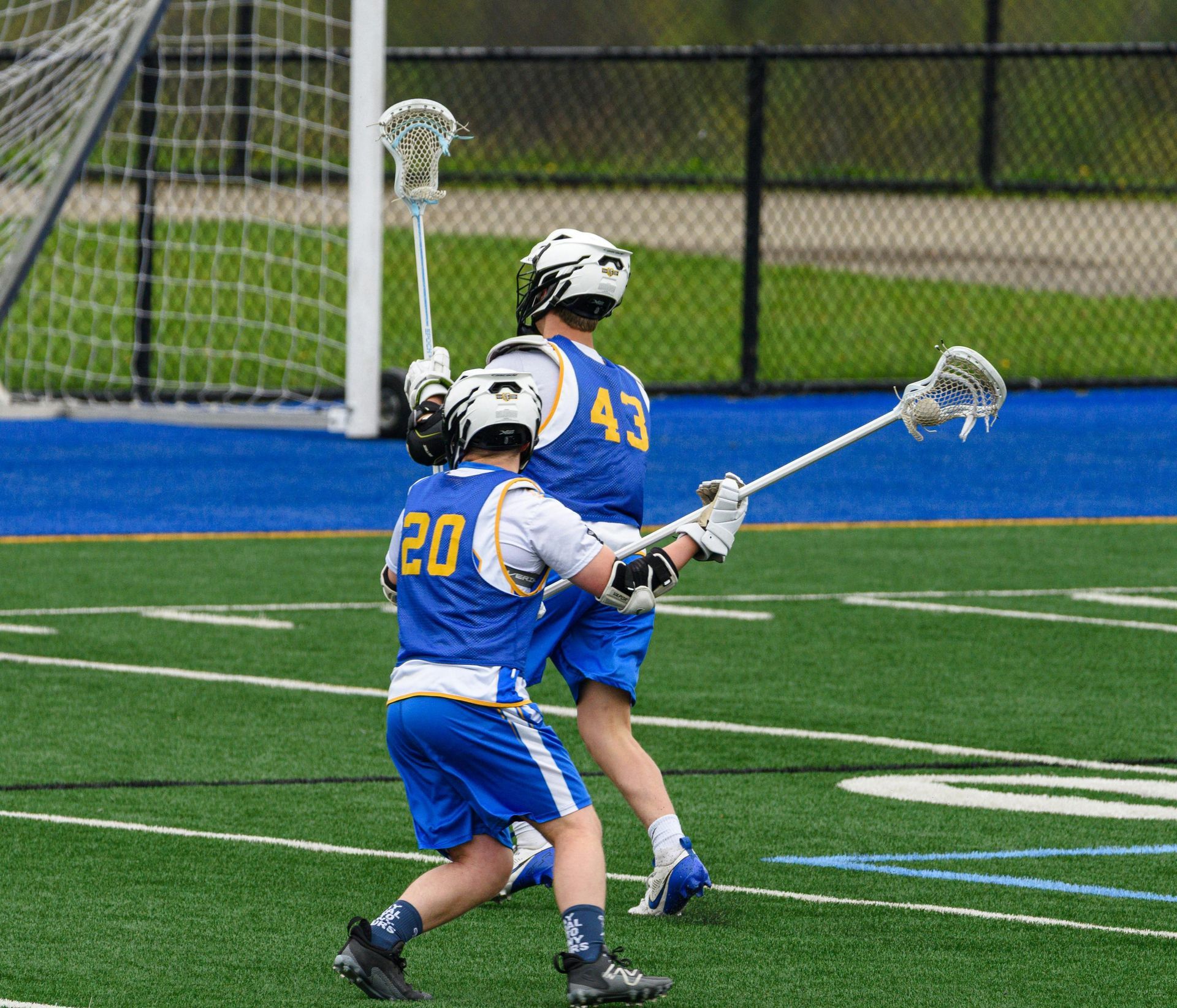 Two lacrosse players in blue and yellow uniforms run on a turf field, holding their sticks during a game.