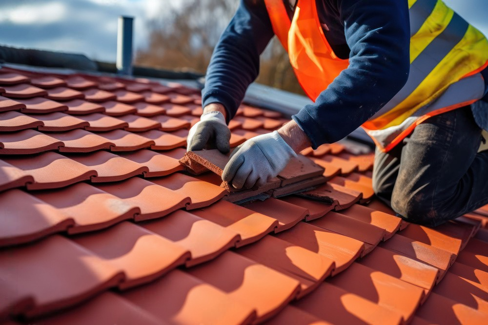 Skilled worker hands carefully arranging and securing roof tiles, creating a durable and precise roofing structure.