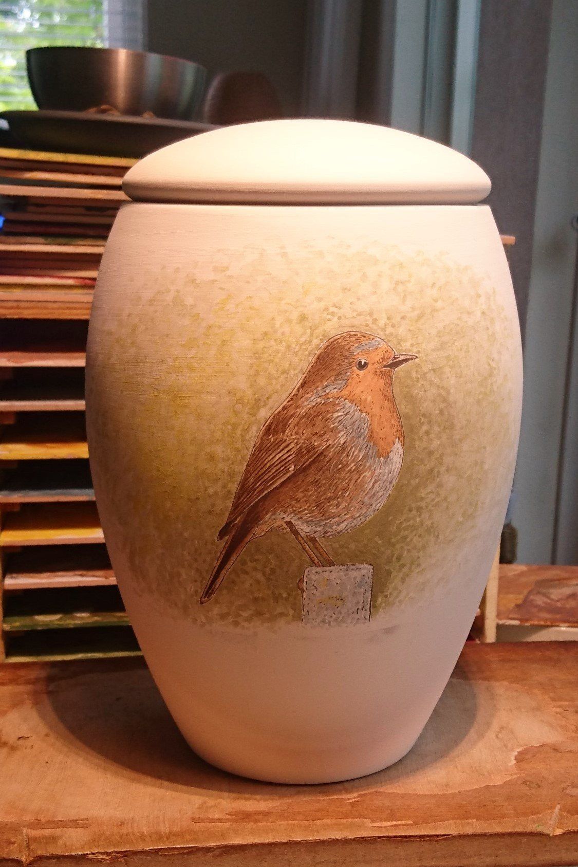 Hand painted Robin cremation urn