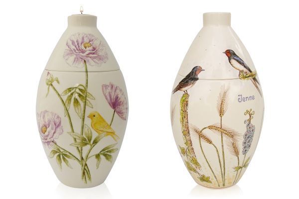 Cremation urn Peony and urn Swallows, hand painted