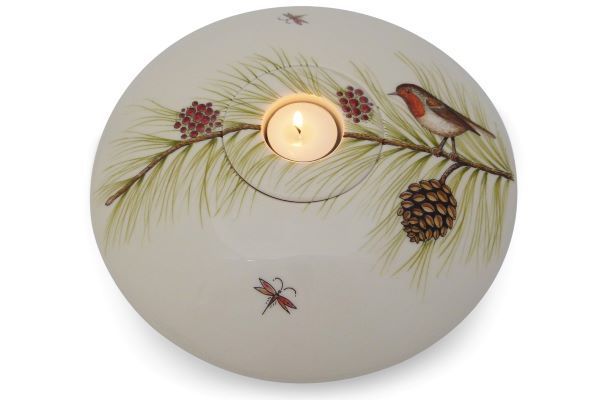 Hand painted urn bowl Robin on pine tree