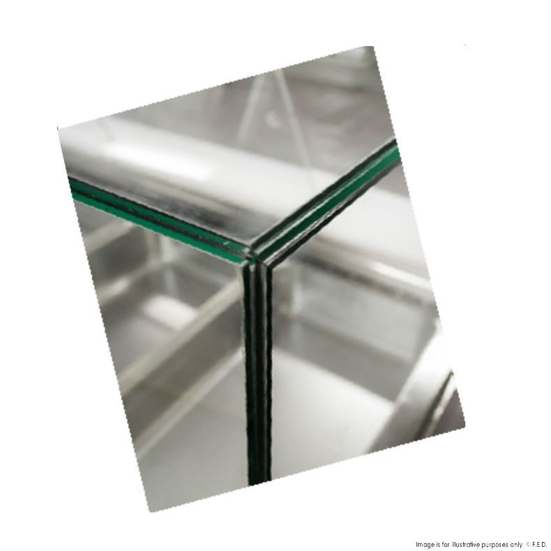 A stainless steel food warmer with a glass top