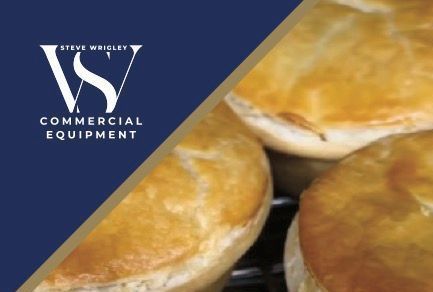 A bunch of pies are sitting on a cooling rack in front of a sign that says commercial equipment