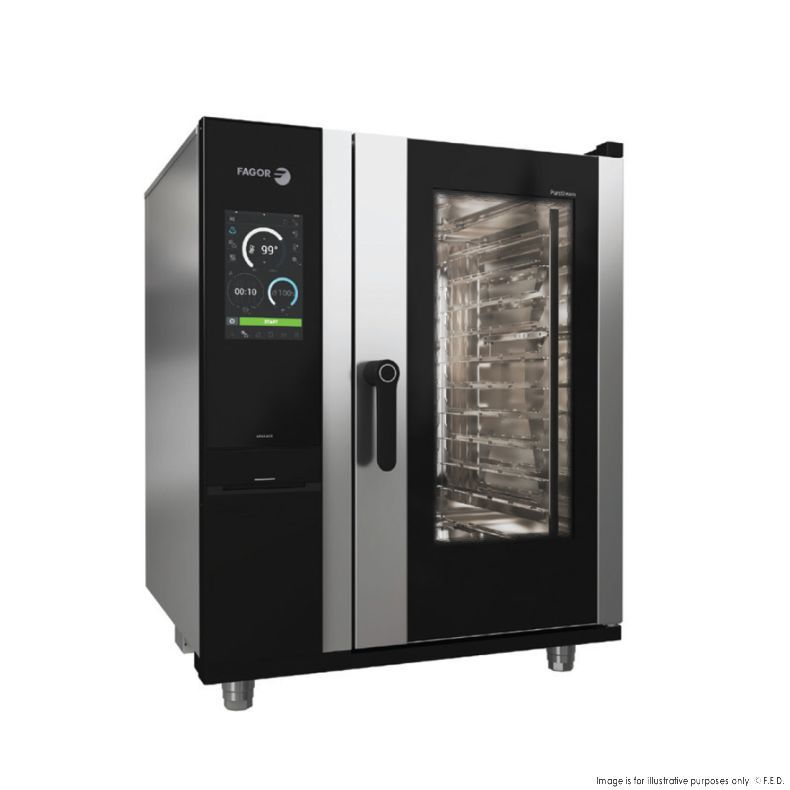 A stainless steel oven with a glass door and a digital display.