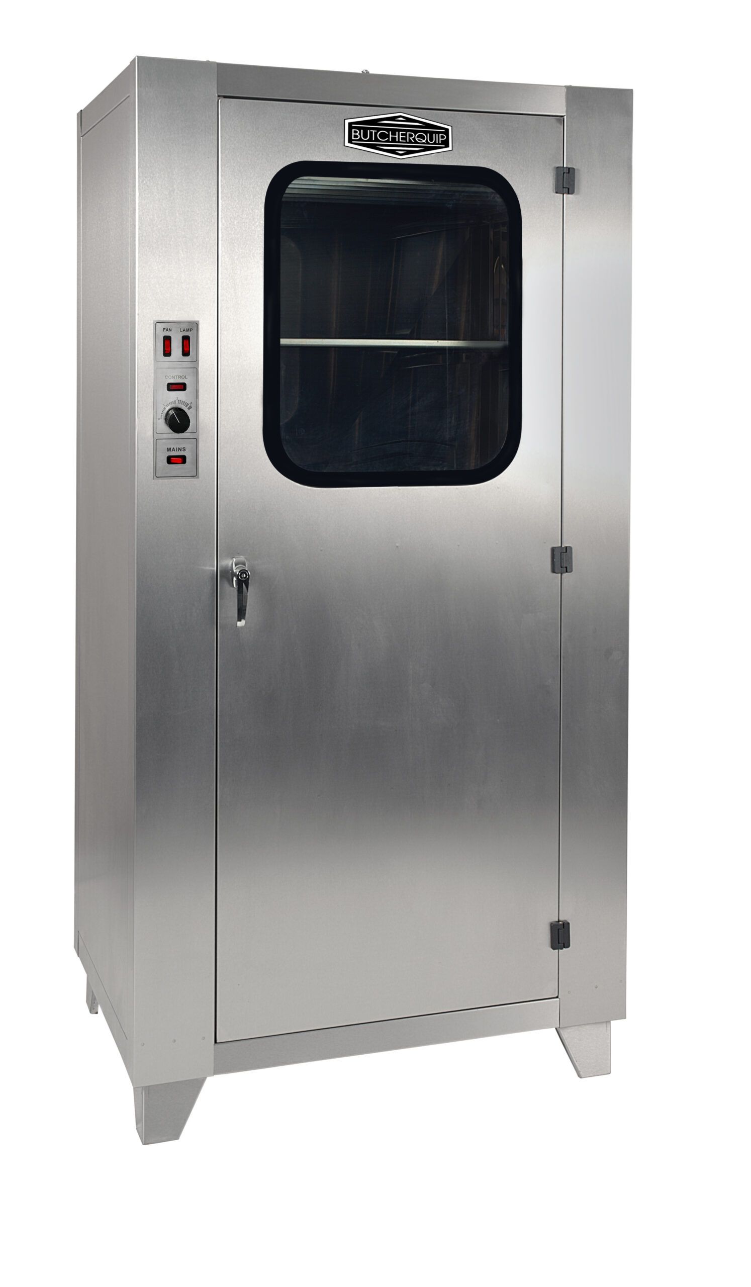 A stainless steel cabinet with a window on the door