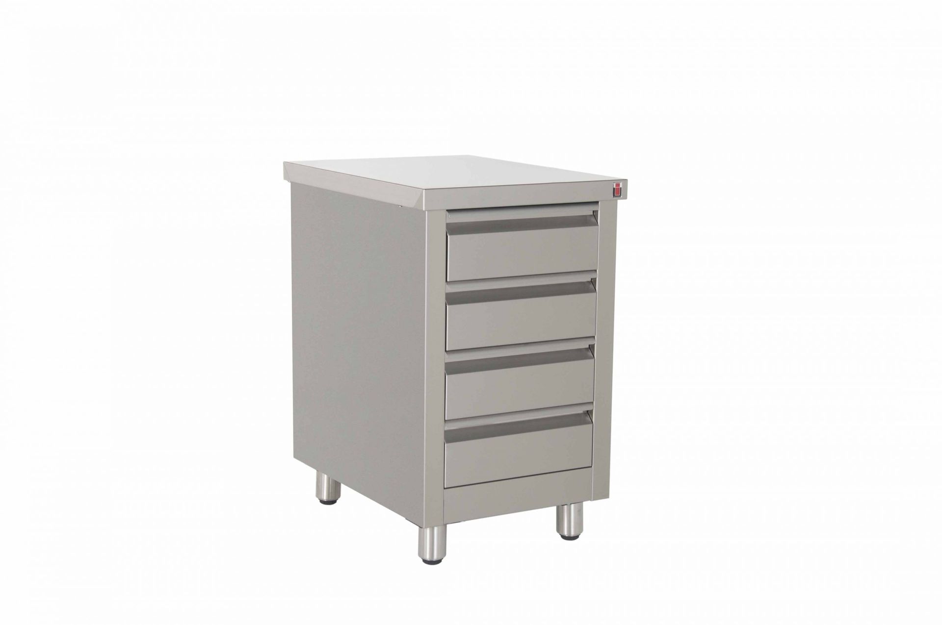 A stainless steel cabinet with four drawers on a white background.