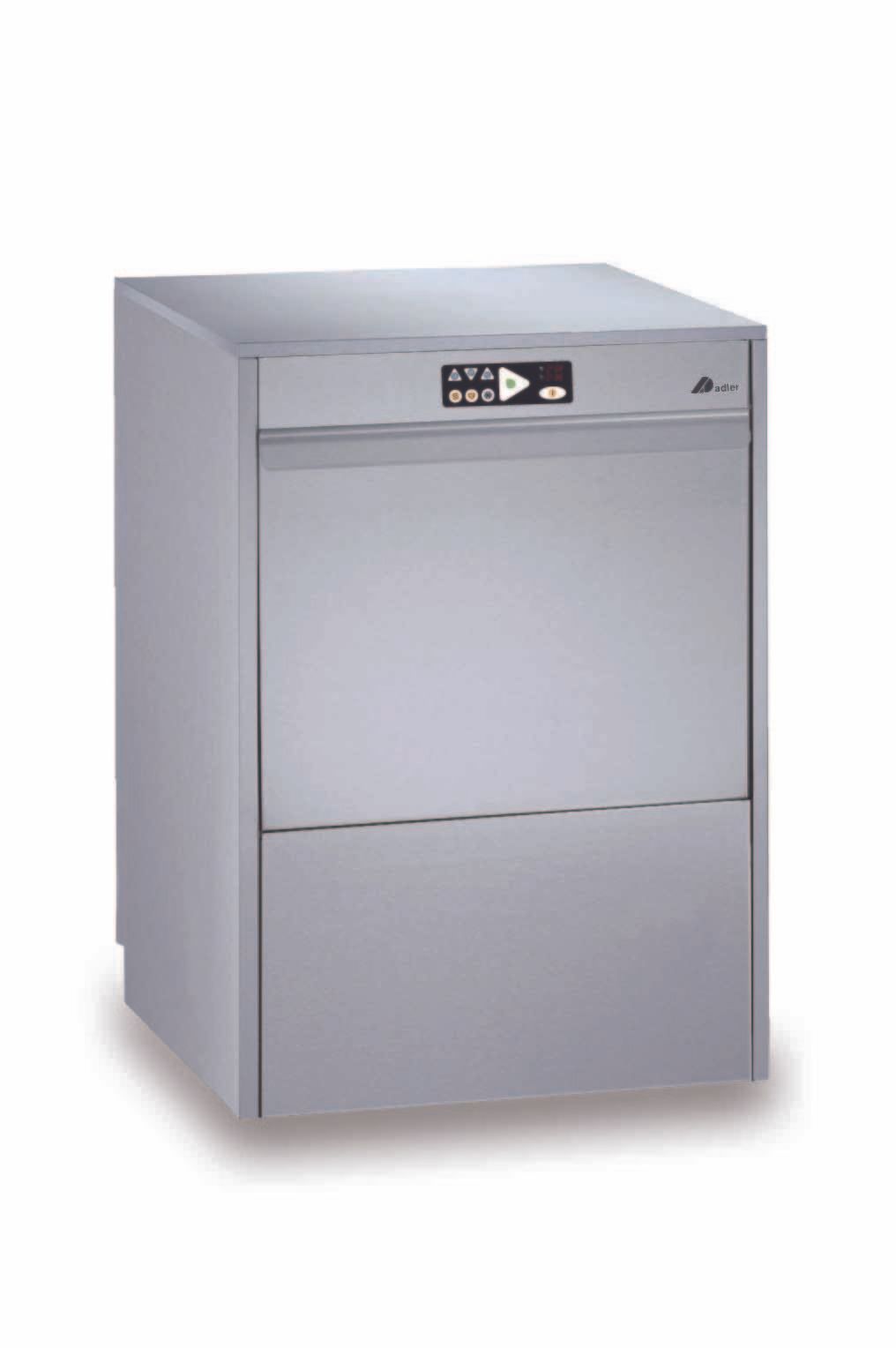 A stainless steel dishwasher is sitting on a white surface.