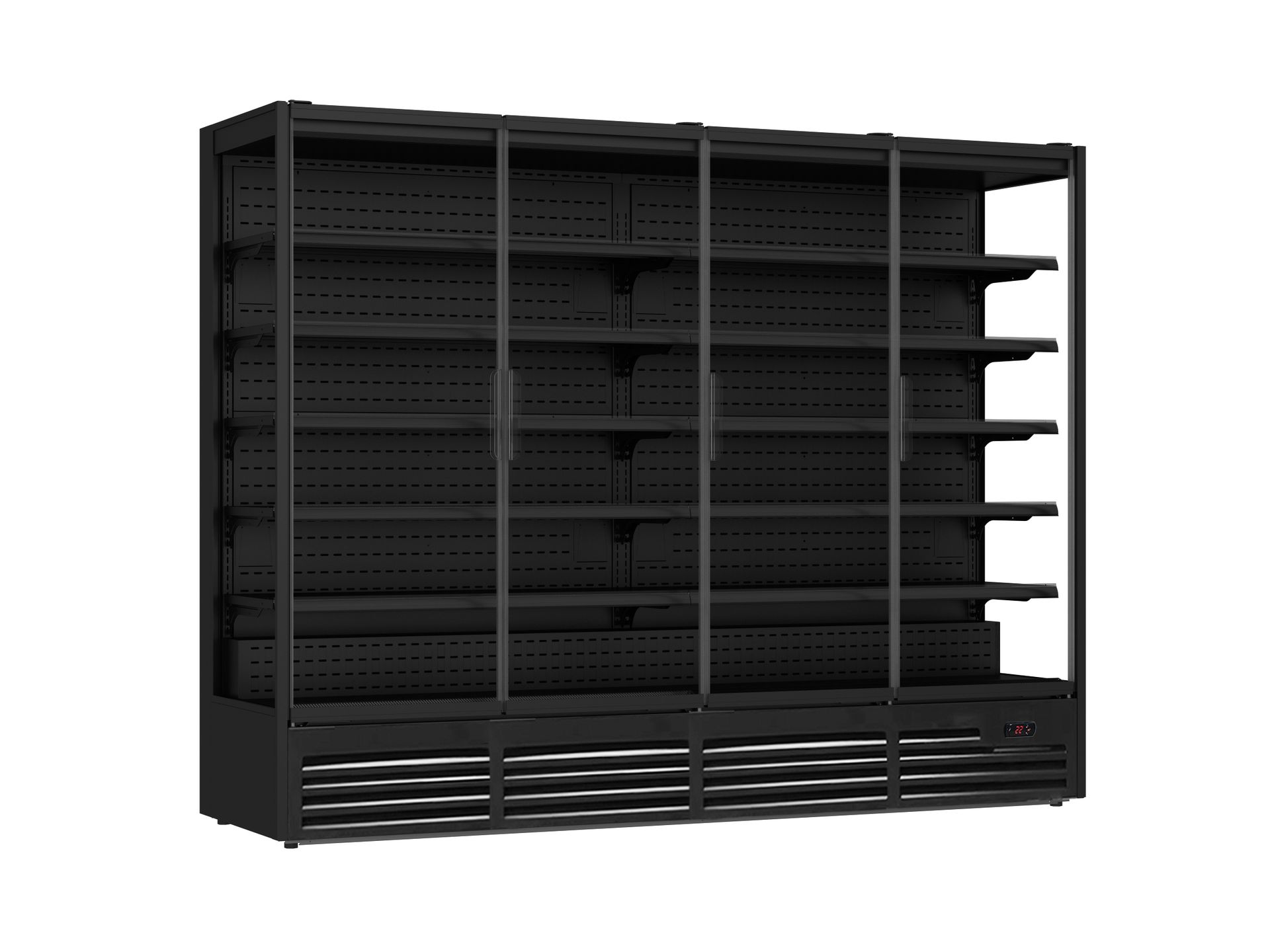 A black shelf with lots of shelves on a white background