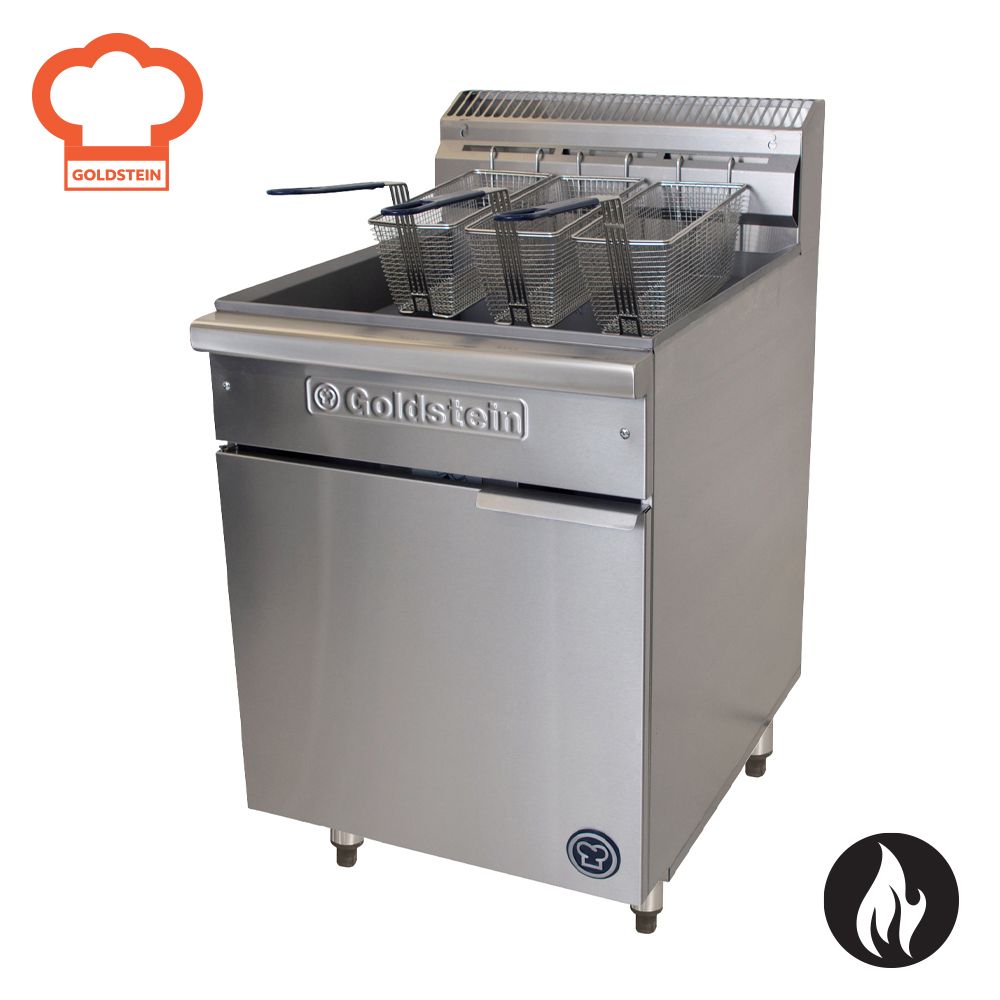 A stainless steel fryer with three baskets and a chef 's hat on it.