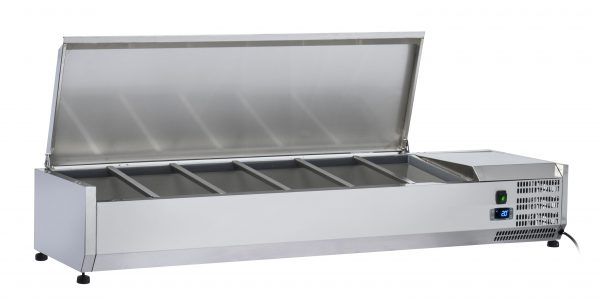 A stainless steel refrigerator with the lid open on a white background.