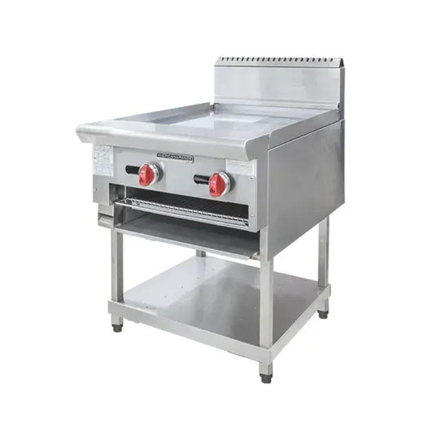 A stainless steel stove with two burners and a toaster oven on a stand.