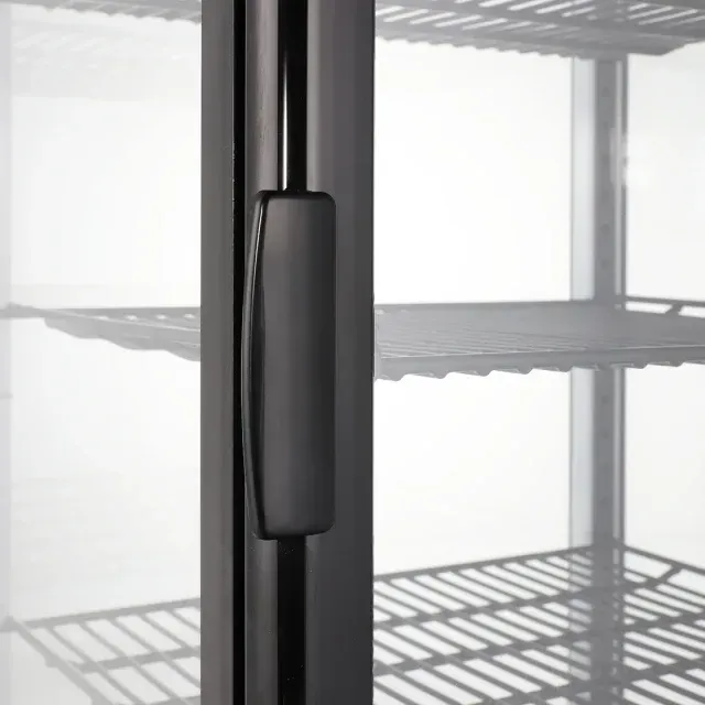 A black display case with a glass door and shelves.